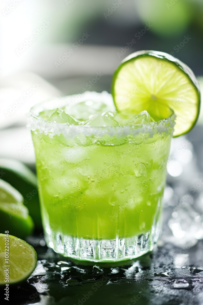 Refreshing green cocktail with ice and a lime slice garnished with salt on the rim, set against a blurred background. Refreshing green cocktail with ice and a lime slice garnished with salt on the rim, set against a blurred background.