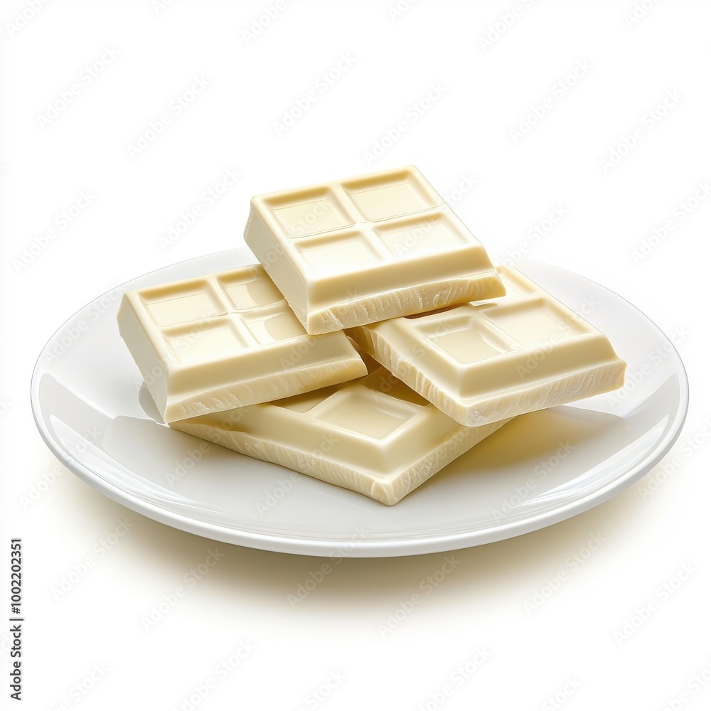 White chocolate on a plate, isolated on a white background, elegantly arranged to highlight its creamy allure. White chocolate on a plate, isolated on a white background, elegantly arranged to highlight its creamy allure.