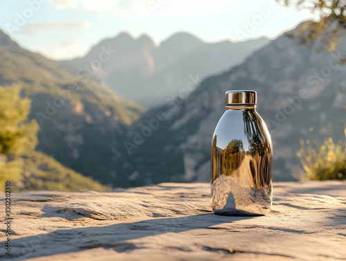 A sleek metallic water bottle on a rocky surface with stunning mountains in the background, perfect for outdoor adventures. photo