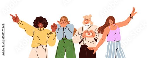 Happy young women group, posing together, smiling with joyful expressions. Female friends standing, gesturing. Cheerful excited positive girls. Flat vector illustration isolated on white background