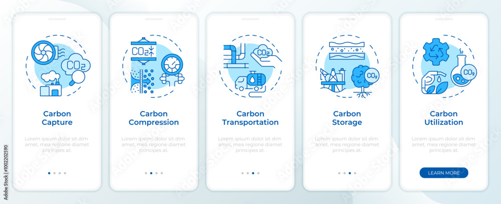 Carbon capture methods blue onboarding mobile app screen. Walkthrough 5 steps editable graphic instructions with linear concepts. UI, UX, GUI template. Montserrat SemiBold, Regular fonts used Carbon capture methods blue onboarding mobile app screen. Walkthrough 5 steps editable graphic instructions with linear concepts. UI, UX, GUI template. Montserrat SemiBold, Regular fonts used