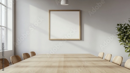 Mock up frame in a Scandinavian-inspired conference room with natural wooden table and soft grey walls, nothing else, 3D render