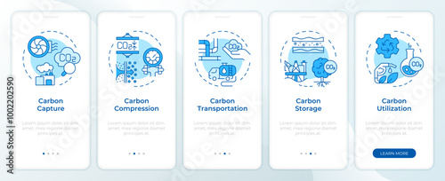 Carbon capture methods blue onboarding mobile app screen. Walkthrough 5 steps editable graphic instructions with linear concepts. UI, UX, GUI template. Montserrat SemiBold, Regular fonts used