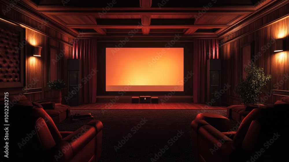 Luxurious Home Theater with Comfortable Seating and Large Screen in Warm Ambient Lighting