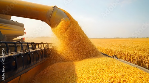 image of a large combine harvester unloading freshly harvested grains or crops into a trailer on a rural farm field during the autumn harvest season