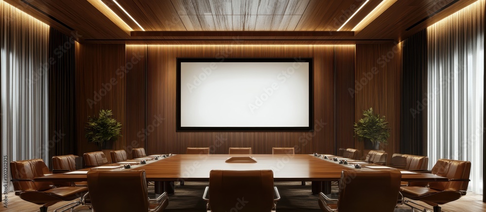 Modern Conference Room with Large Screen and Elegant Wooden Interior Design for Business Meetings Modern Conference Room with Large Screen and Elegant Wooden Interior Design for Business Meetings