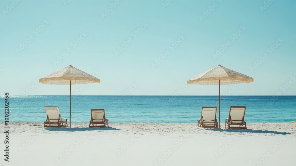 Fototapeta premium Empty beach chairs and umbrellas on a quiet holiday shore, leaving space for text.
