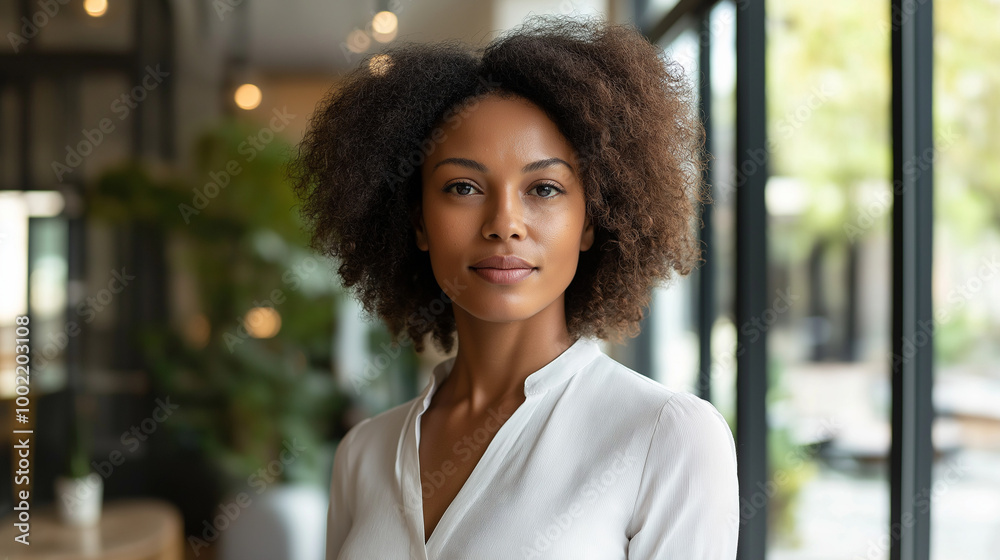 Fototapeta premium Confident European woman real estate agent stands proudly inside a modern home, radiating expertise and approachability, Ai