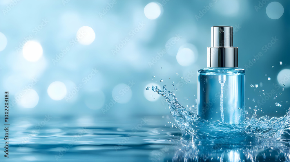 A stunning blue perfume bottle splashing in clear water, creating an enchanting and refreshing visual. Perfect for beauty marketing. A stunning blue perfume bottle splashing in clear water, creating an enchanting and refreshing visual. Perfect for beauty marketing.