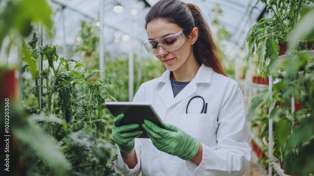 Female Scientist Inspecting Plants in a Greenhouse Female Scientist Inspecting Plants in a Greenhouse