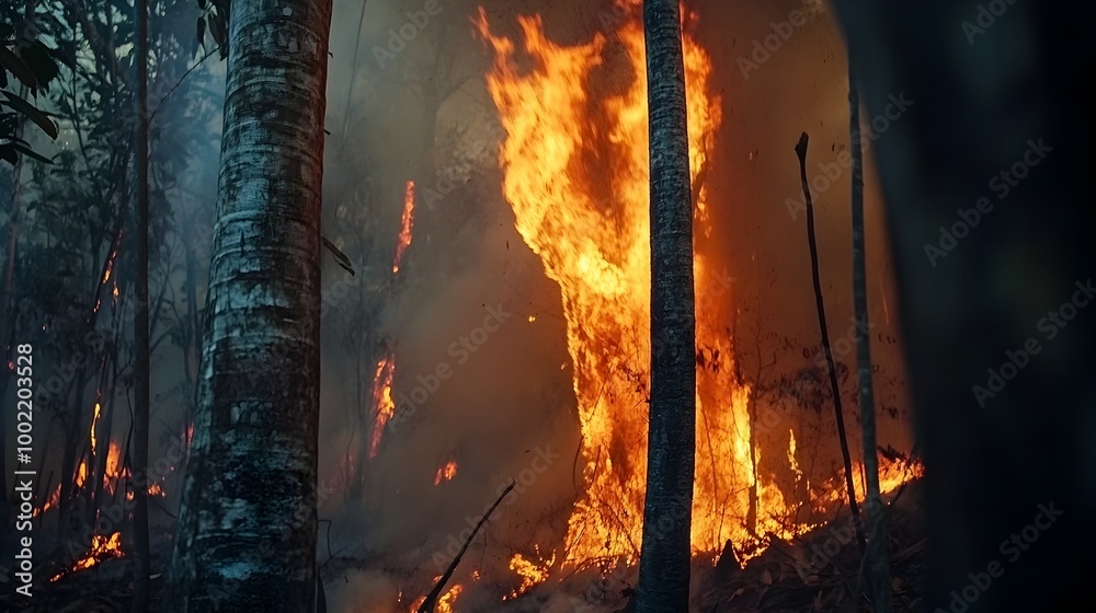 Intense close up view of a raging wildfire engulfing a dense forest with fierce flames billowing smoke and a dramatic apocalyptic atmosphere Intense close up view of a raging wildfire engulfing a dense forest with fierce flames billowing smoke and a dramatic apocalyptic atmosphere