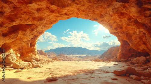 Mountain view from cave opening with scenic landscape 