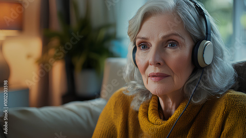 Woman wearing headphones is sitting on a couch photo