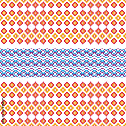 Burmese pattern, geometric pattern, seamless, traditional ethnic pattern, beautifully arranged in red, yellow, light blue and purple, fabric pattern for textiles, curtains, clothing, sarongs.