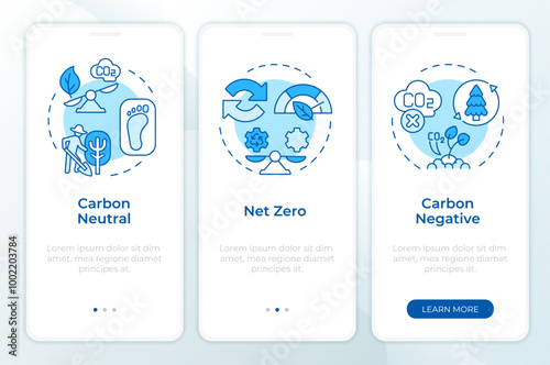 Net-zero emission blue onboarding mobile app screen. Walkthrough 3 steps editable graphic instructions with linear concepts. UI, UX, GUI template. Montserrat SemiBold, Regular fonts used