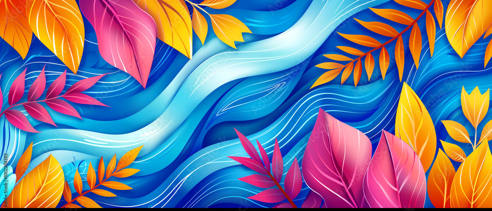 A colorful background with leaves and a blue river. The leaves are in various colors, including pink, orange, and yellow. Scene is vibrant and lively, with the blue river A colorful background with leaves and a blue river. The leaves are in various colors, including pink, orange, and yellow. Scene is vibrant and lively, with the blue river