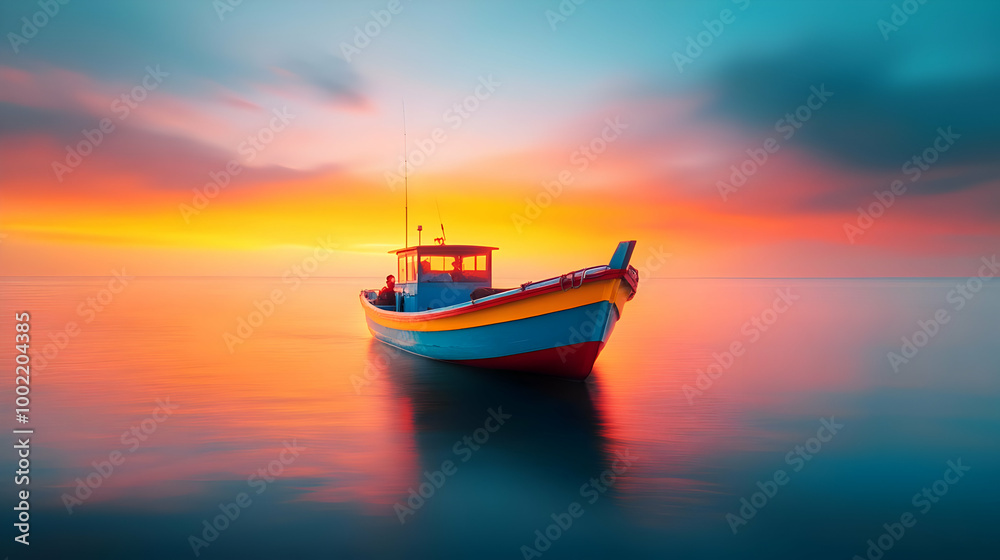 Fototapeta premium A tranquil scene of a colorful boat floating on calm waters during a vibrant sunset, showcasing serene beauty and nature.