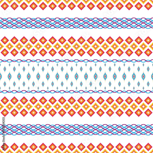 Burmese pattern, geometric pattern, seamless, traditional ethnic pattern, beautifully arranged in red, yellow, light blue and purple, fabric pattern for textiles, curtains, clothing, sarongs.