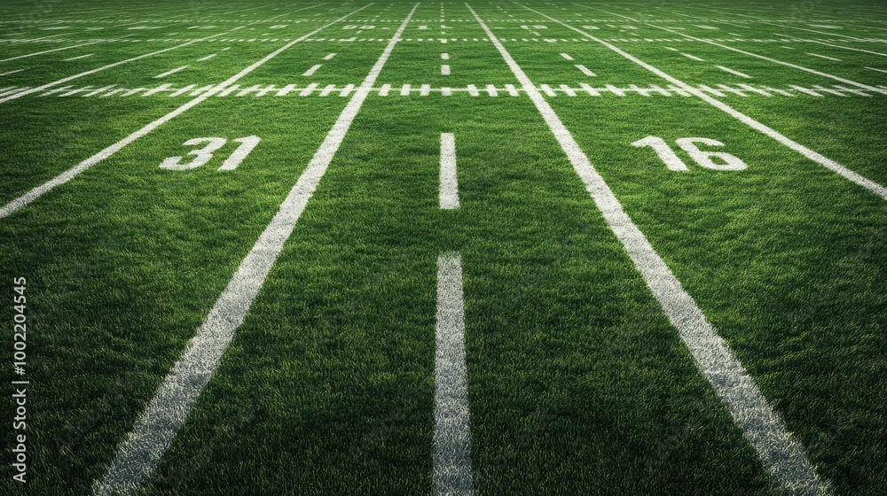 Green grass and white lines of a football stadium field, with plenty of space for copy. Green grass and white lines of a football stadium field, with plenty of space for copy.