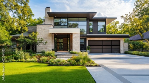 Front-facing view of a modern home in the city, with plenty of space for copy.