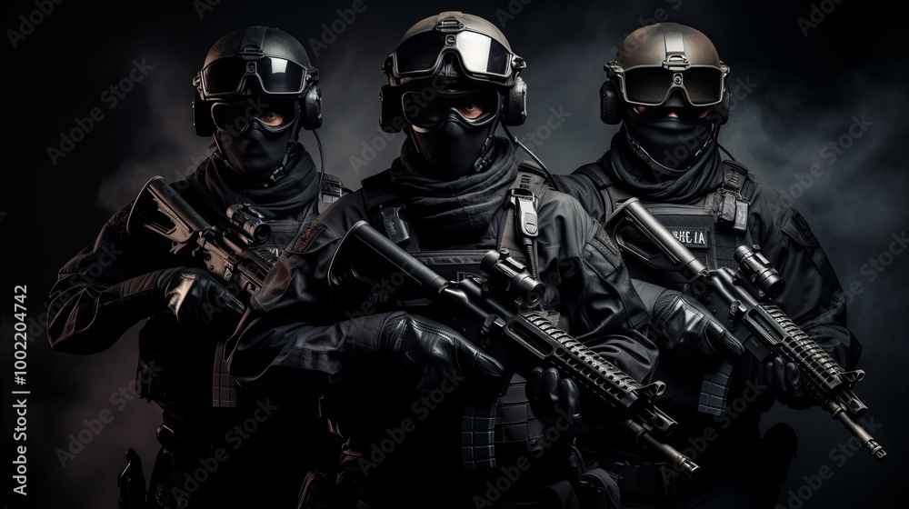 Elite tactical team members posing confidently with their weapons in a dramatic setting Elite tactical team members posing confidently with their weapons in a dramatic setting