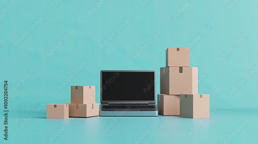 Laptop and shipping boxes on a clean background, with space for text. Laptop and shipping boxes on a clean background, with space for text.