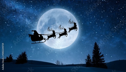 A starry night sky with the silhouette of Santa's sleigh and reindeer flying across the moon, as snowflakes gently fall to the ground.