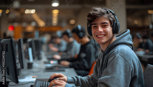 Smiling Teen Boy with Headphones Using Computer in Classroom Setting
