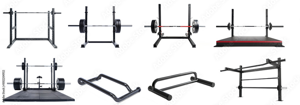 Deadlift platform featuring various lifting apparatus on isolated white background highlighting strength training equipment Deadlift platform featuring various lifting apparatus on isolated white background highlighting strength training equipment