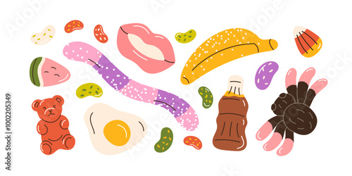 Gummy candies set. Chewy jelly bears, worms, egg, lips and bottle. Sweet funny confectionery, chewing snacks. Sugar fruit treats, gum confections. Flat vector illustration isolated on white background