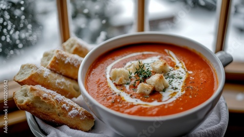 Velvety Roasted Red Pepper and Tomato Bisque with Cream and Crouton Garnish