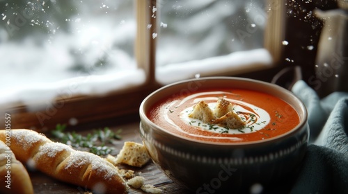 Creamy Tomato Bisque with Roasted Peppers and Winter Cozy Setting