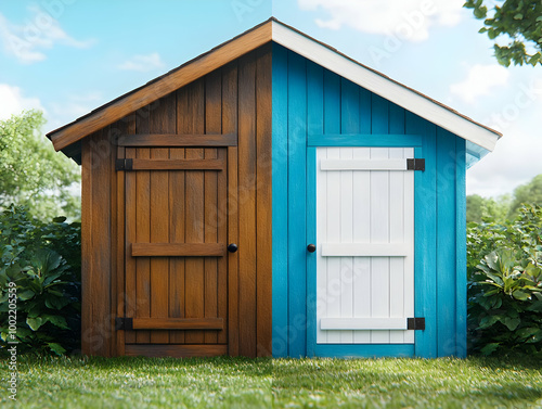 A vibrant garden shed featuring half brown and half blue paint, surrounded by lush greenery and a clear blue sky.