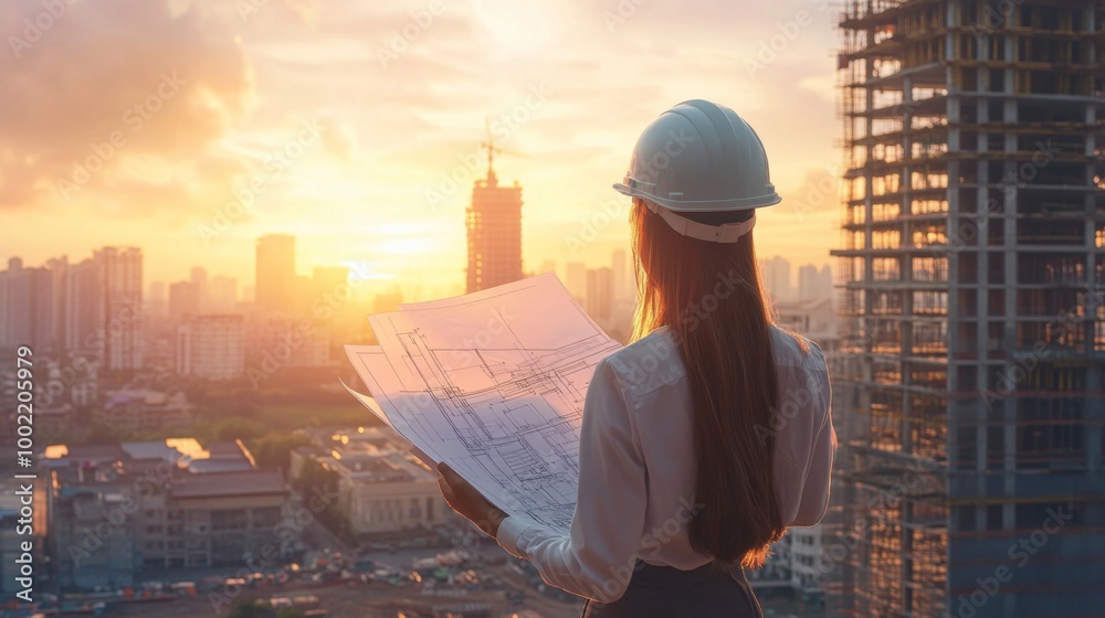 Female Architect Examining Construction Plans at Sunset Female Architect Examining Construction Plans at Sunset
