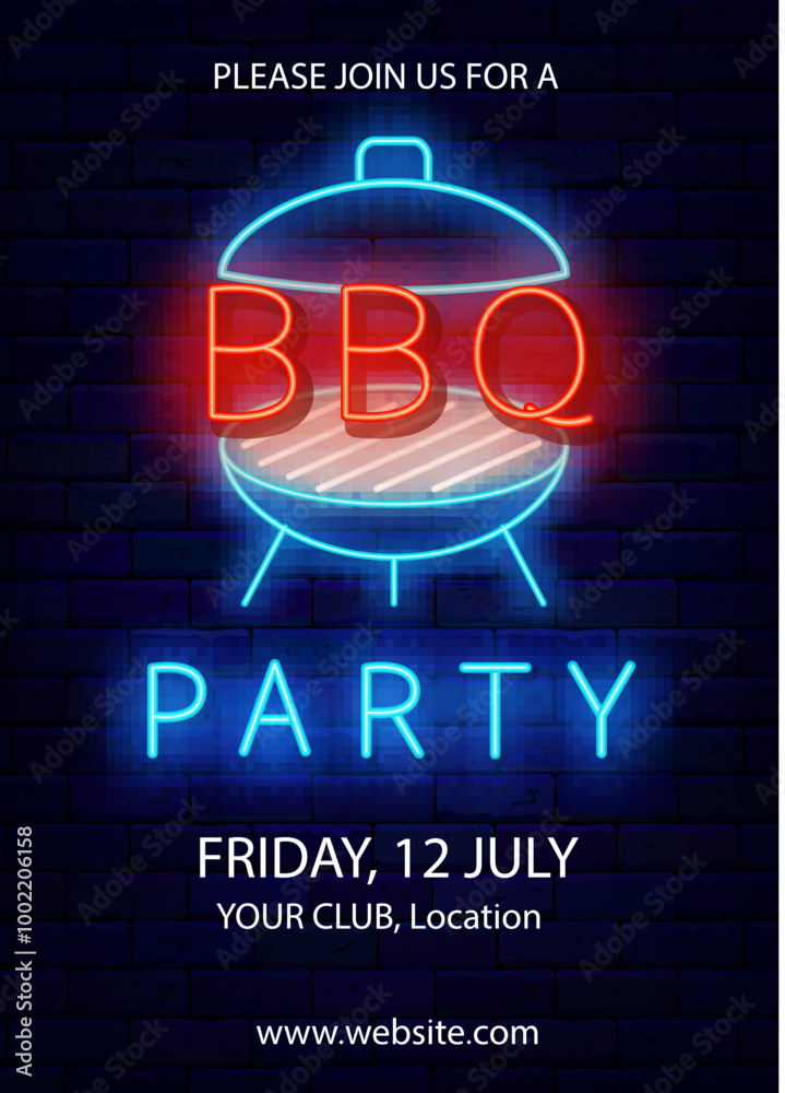 BBQ party neon poster. Vertical flyer template. Barbecue event. Catering invitation. Butcher greeting card. Editable stroke. Vector stock illustration
