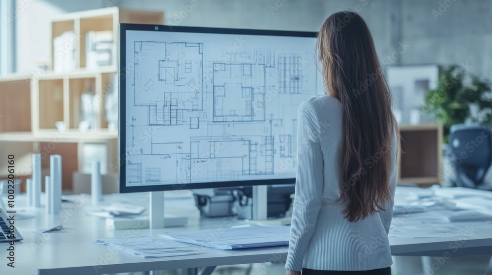 Architect Examining Blueprint on Computer Monitor in Modern Office Architect Examining Blueprint on Computer Monitor in Modern Office