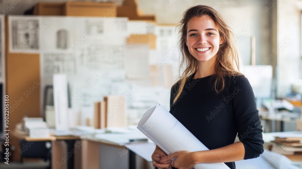 Young woman smiling and holding rolled-up blueprints in an office. Young woman smiling and holding rolled-up blueprints in an office.