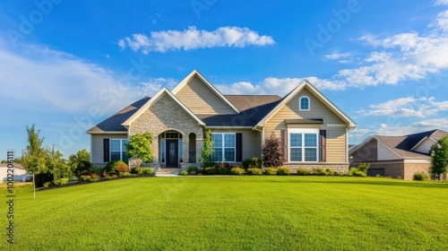 Residential house with a green lawn and blue sky, leaving room for text in the background.