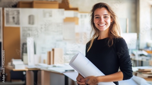 Young woman smiling and holding rolled-up blueprints in an office.