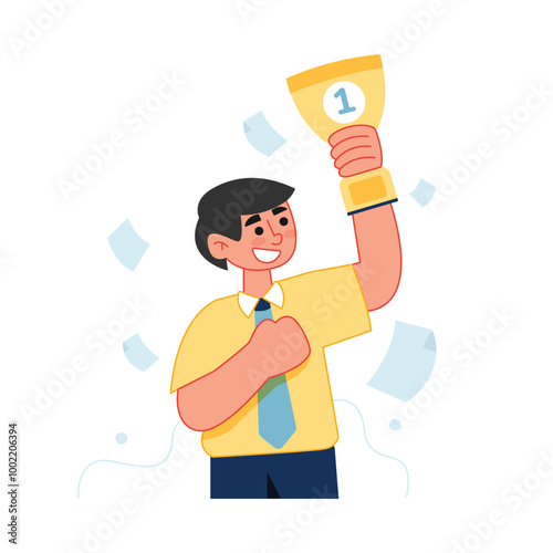 Vector of worker man become best employee showing his trophy up in the air