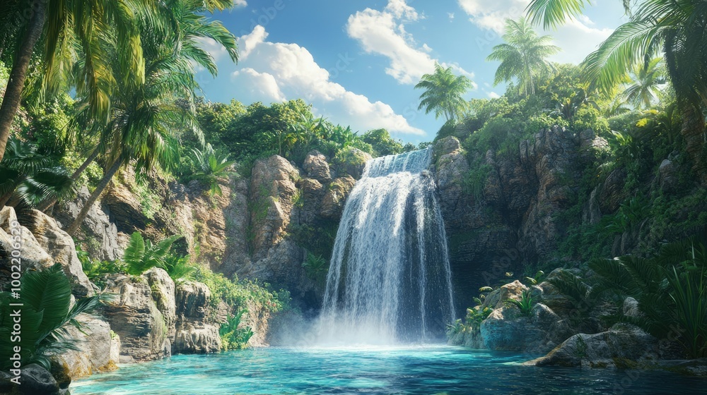 Fototapeta premium Scenic waterfall in a tropical holiday destination, leaving ample room for copy.