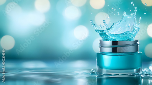 A vibrant skincare cream jar splashes water, showcasing hydration. Perfect for beauty, health, and wellness themes.