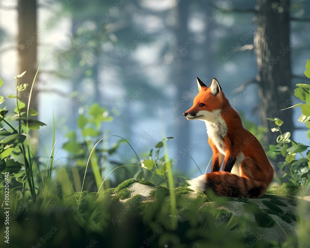 Fototapeta premium Curious Virtual Pet Fox Roaming Lush Forest Environment