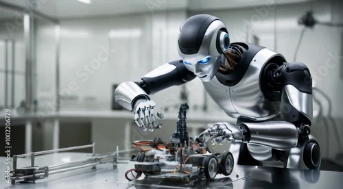 microscope, science, equipment, laboratory,humanoid robot assembling a small robot in a laboratory, experim photo