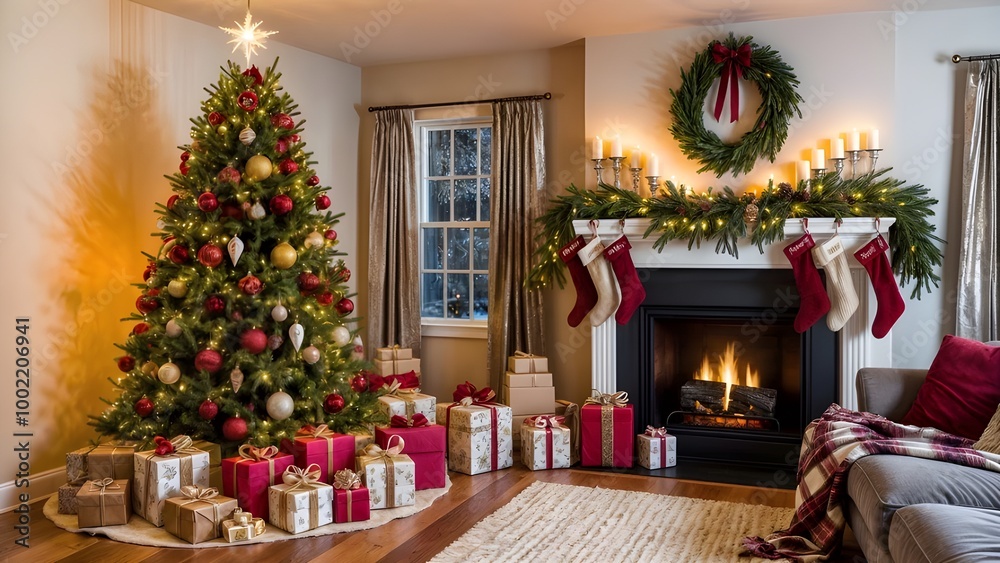 decorated Christmas tree stands in the corner of a cozy living room with a collection of thoughtfully wrapped presents in festive paper, a crackling fireplace, a sofa, draped with a plaid blanket decorated Christmas tree stands in the corner of a cozy living room with a collection of thoughtfully wrapped presents in festive paper, a crackling fireplace, a sofa, draped with a plaid blanket