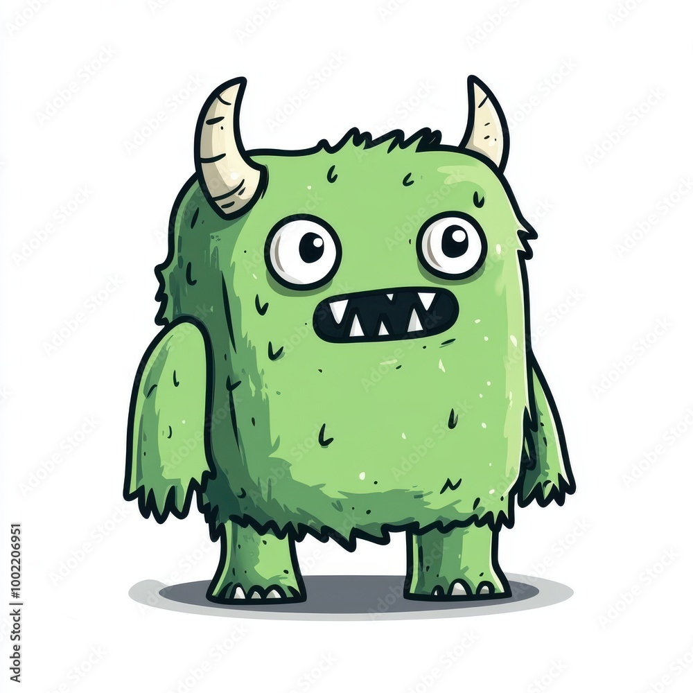 Fototapeta premium A cute green monster character with horns and big eyes, perfect for children's illustrations and playful designs.