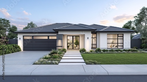 Front view of a modern house in Australian style with a garage, and a concrete driveway, on a blue sky background, Contemporary residence design. 3D render.