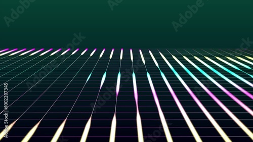 Abstract technology perspective animated moving multicolor grid. Retro background with glowing purple grid landscape and moving camera