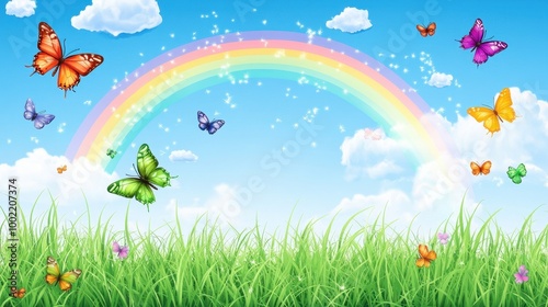 Colorful Butterflies and Rainbow in a Bright Blue Sky Over a Lush Green Meadow with Sparkling Stars