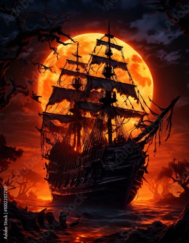 A ghostly pirate ship sails under a bright full moon, surrounded by twisted trees and a dark ominous sky. The dramatic lighting and eerie ambiance evoke a sense of adventure and mystery, ideal for